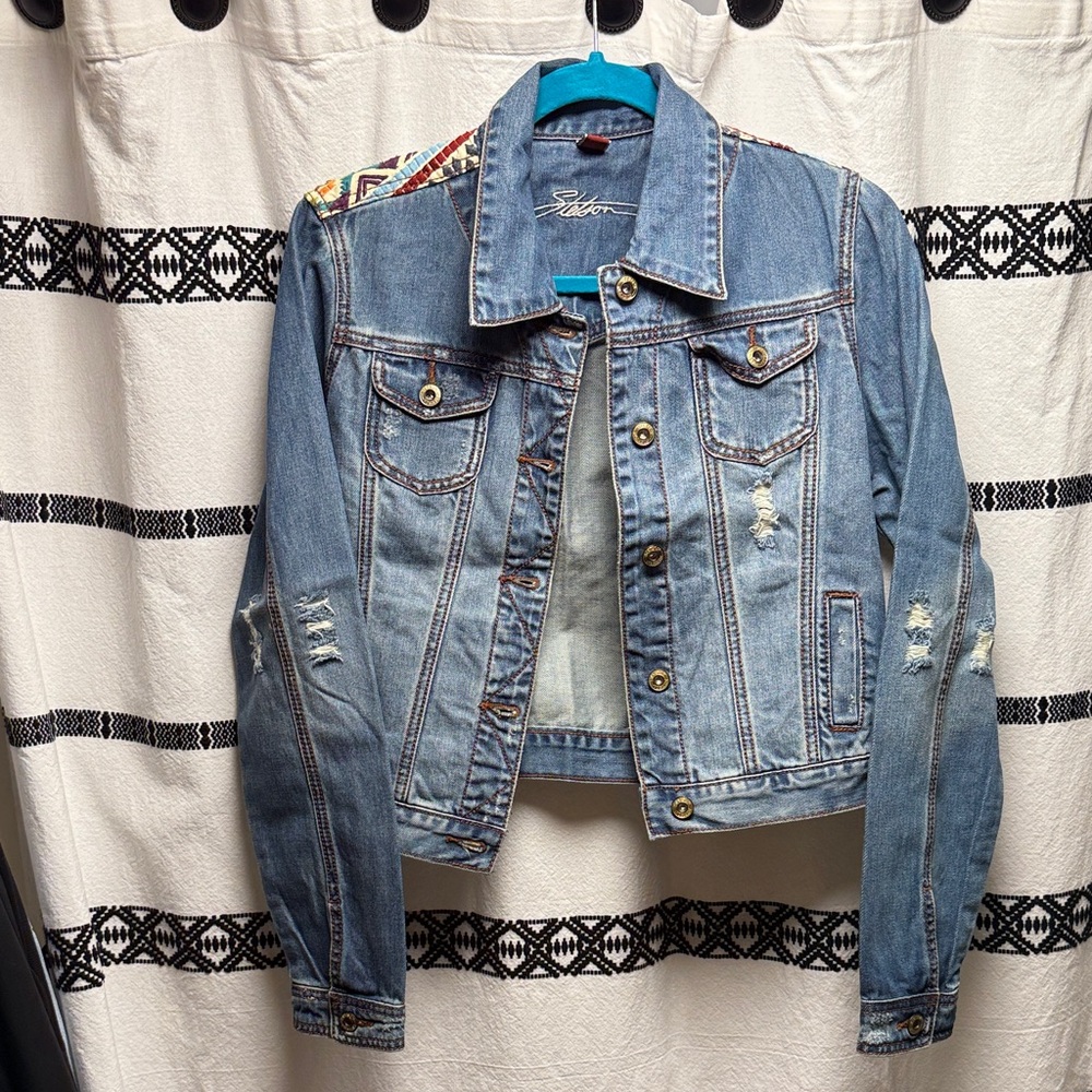 Stetson Blue Distressed cropped Denim Jacket with western embroidered back.